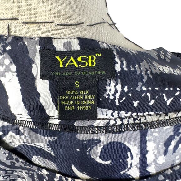 YASB‎ Multicolor Abstract 100% Silk 3/4 Sleeve Tie Back Blouse Top Size Small - Picture 7 of 8